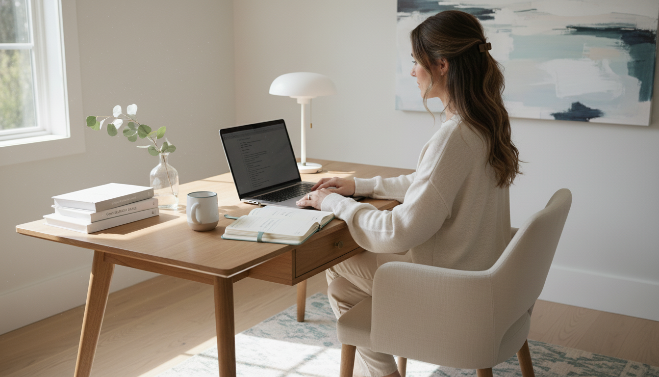 A bright workspace with planner, coffee, plant, and natural light