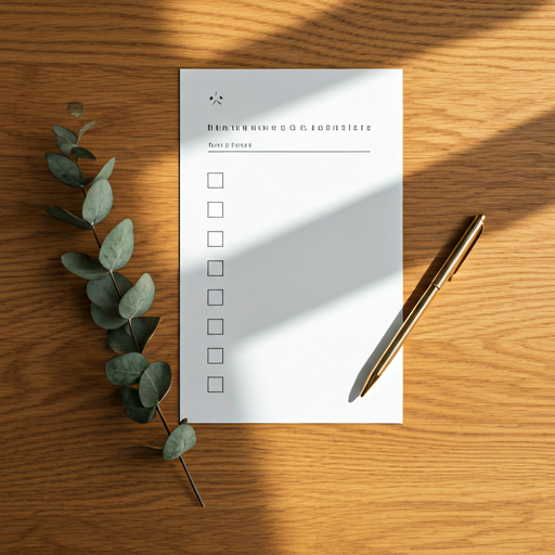 A top-down view of a minimalist wedding checklist printed on premium cardstock, lying on a wooden table next to a sprig of dried eucalyptus and a gold pen. The scene is bathed in natural morning light, emphasizing a sense of calm and organized preparation with a clean, modern aesthetic.