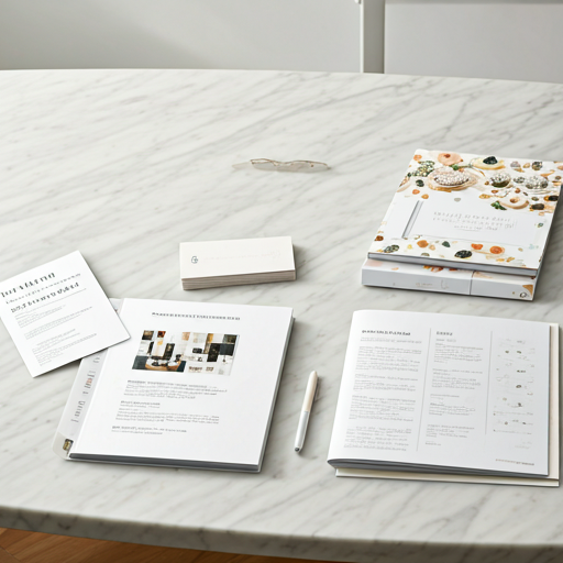 A comprehensive party planning kit spread out on a large marble table, including a physical binder with tabs, several printed guidebooks, a deck of inspiration cards, and a sleek pen. The setting is a bright, sun-drenched home office, representing the ultimate organization tool for serious hosts and event enthusiasts.