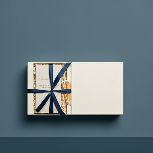 A close-up, high-end commercial shot of a hostess gift set. It includes a small ceramic candle, a box of luxury matches, and a small artisanal notepad. The items are beautifully boxed in eco-friendly, premium packaging with a navy silk ribbon. The lighting is soft and focused, creating a sense of intimacy and high value. The color palette consists of whites, deep navy, and metallic accents.