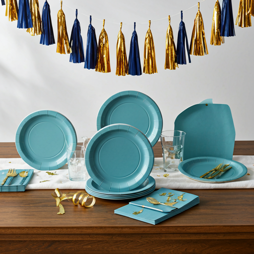A premium high-quality lifestyle photograph showing a complete 'Ultimate Party Decor Pack' set up on a rustic modern dining table. The scene features coordinated muted teal paper plates and napkins, a crisp white linen tablecloth, and tastefully hung streamers in navy and gold. Soft natural lighting emphasizes the high-quality textures of the supplies. The atmosphere is sophisticated and inviting, perfectly encapsulating a luxury home celebration.