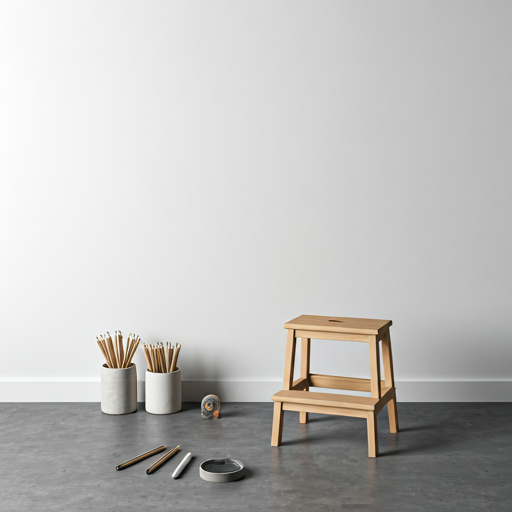 A clean, organized photograph of a craft and home organization area. In the center, a beautiful wooden step stool sits next to a set of minimalist chalk pencils and a sleek chrome measuring tape. The lighting is bright and even, casting soft shadows on a polished concrete floor. The overall aesthetic is one of serene productivity and professional organization within a modern workspace.