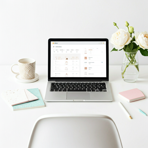 A clean and bright workspace featuring an open laptop displaying a beautiful party planning dashboard, surrounded by soft-colored stationery, a cup of coffee, and delicate flowers on a white desk. The lighting is soft and airy, creating a professional and aspirational mood using a palette of white, off-white, and deep navy accents.