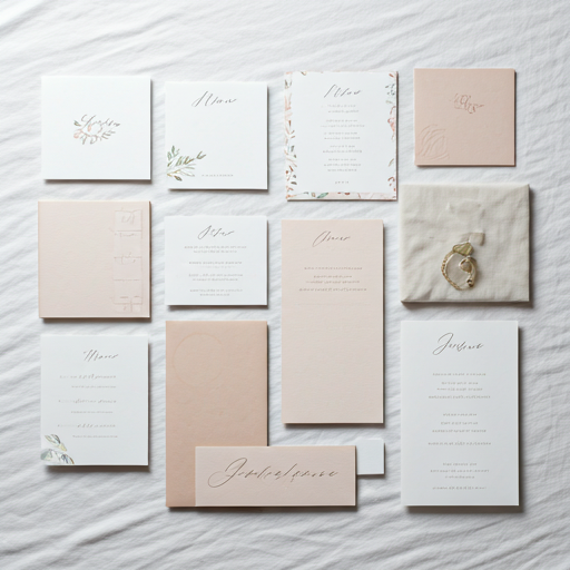 An assortment of elegant party printables, including name cards, menus, and invitations with delicate floral patterns and clean typography, arranged artistically on a white linen surface. The atmosphere is light and airy, showcasing high-quality design for DIY event hosts who appreciate sophisticated details.