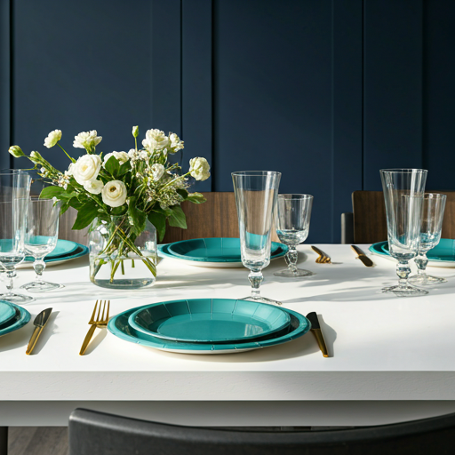 A bright, airy, and professional lifestyle photograph of a beautifully styled dinner party setting. Soft morning sunlight streams through a large window, illuminating a white wooden table adorned with delicate floral arrangements, high-end paper plates in muted teal, and elegant glassware. The aesthetic is modern and minimalist with a focus on organized, aspirational calm. The background shows a clean, minimalist kitchen with deep navy accents, reflecting a luminous and premium lifestyle.